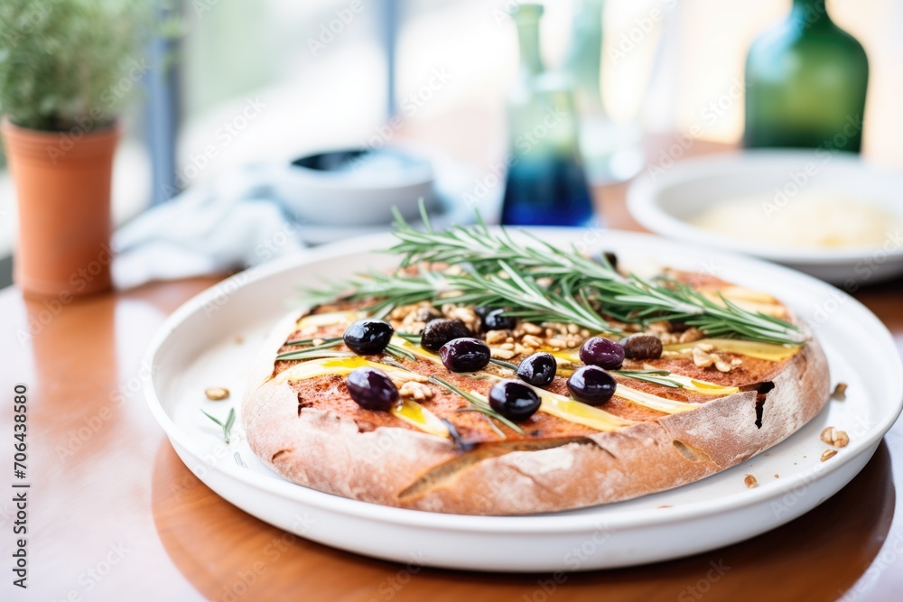artisan sourdough bread with olives and rosemary on top - obrazy, fototapety, plakaty 