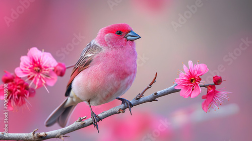 Capture the charm of a small pink finch sitting delicately on a tiny branch in this delightful photograph