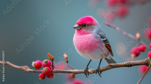 Capture the charm of a small pink finch sitting delicately on a tiny branch in this delightful photograph
