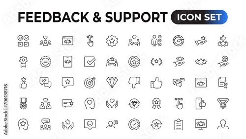 Feedback and Support - Outline Icon Collection. Thin Line Set contains such Icons as Online Help, Helpdesk, Quick Response, Feedback and more. Simple web icons set.