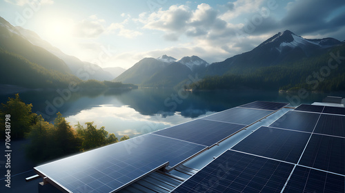 Solar panels installed in a beautiful remote area with mountains and lakes. Using modern technology in a beautiful natural