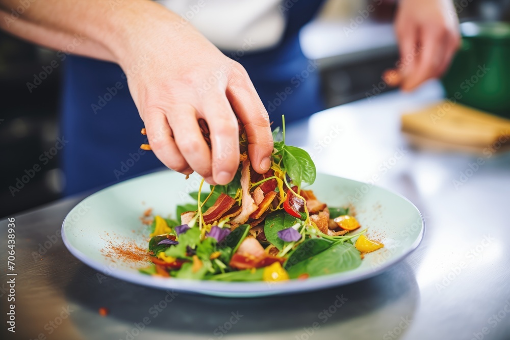 a chefs hand garnishing a finished spinach and bacon salad with herbs