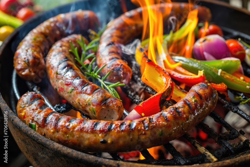 A mouthwatering featuring shuzhuk, Kazakh-style sausage sizzling on a grill with vibrant vegetables