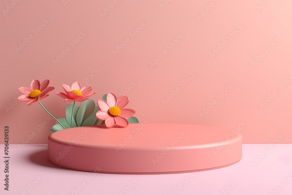 Pink Nature Podium with Flower. Minimal 3D Display for Beauty