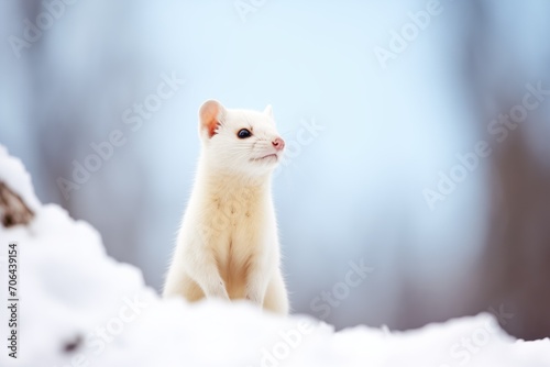 white stoat poised alertly on snow photo