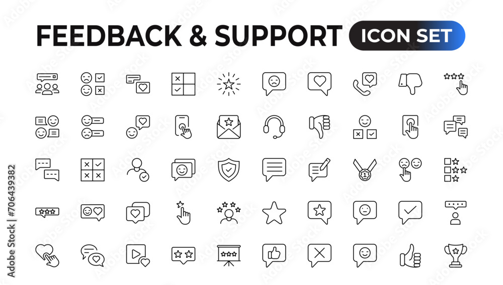 Feedback and Support - Outline Icon Collection. Thin Line Set contains such Icons as Online Help, Helpdesk, Quick Response, Feedback and more. Simple icons set.