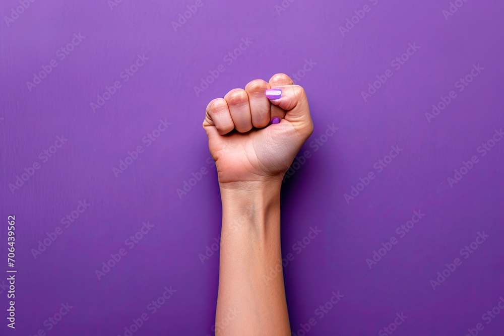 woman's hand with raised fist on purple background woman's hand with raised fist on purple background