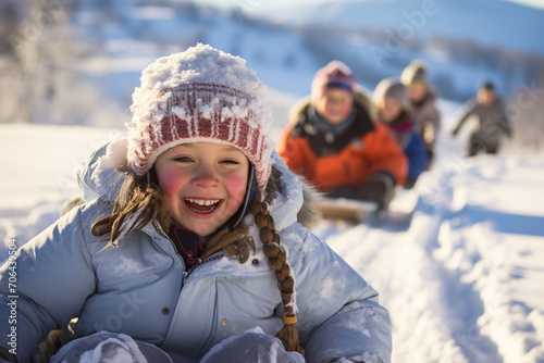 A hillside covered in fresh snow where a family joyfully sleds down together, leaving behind trails of laughter and rosy cheeks