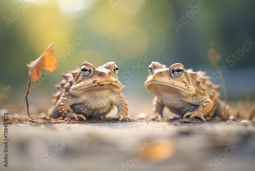 two toads facing each other in the shade