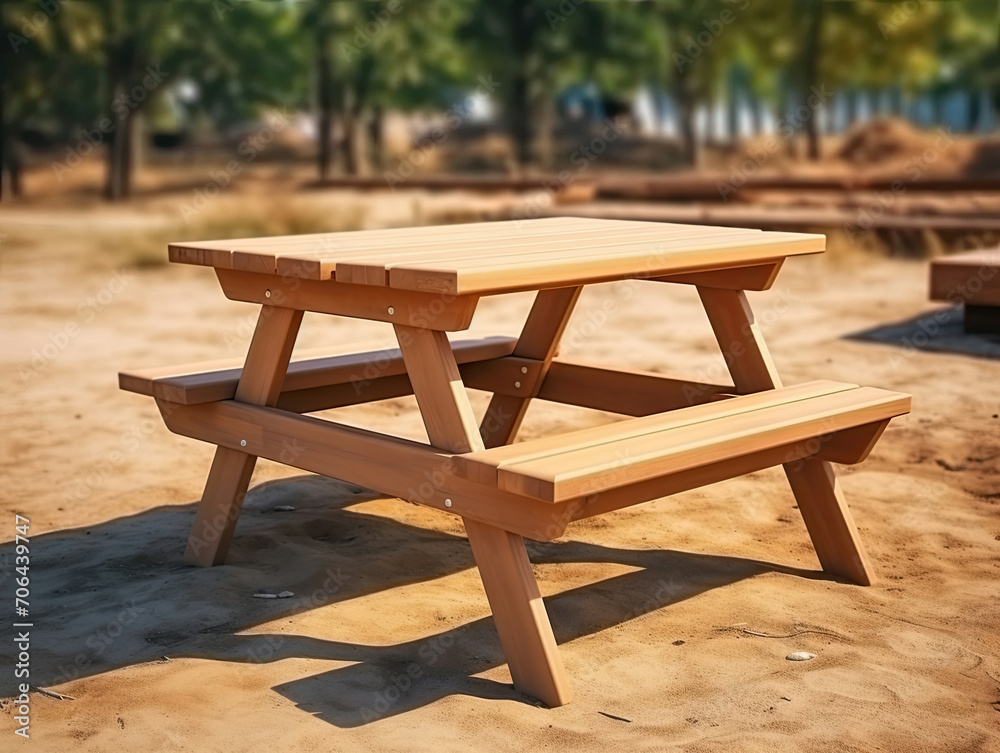 Wooden Picnic Table in Dirt Field