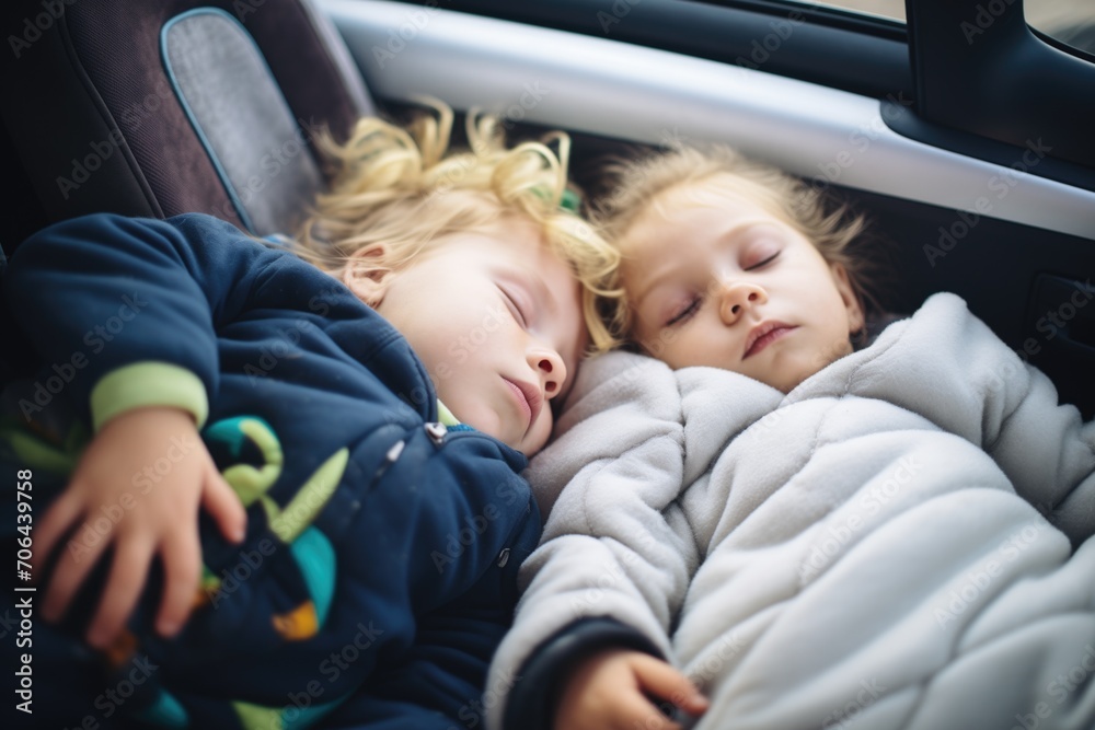 children sleeping in car during road trip