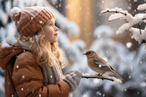 A winter wildlife excursion where a family observes birds and animals in their natural snowy habitat, appreciating the beauty of winter nature