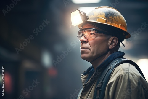 miner with hard hat and headlamp inspecting a coal seam