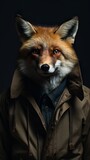 Portrait of a fox in elegant clothing against a dark background. Generative AI