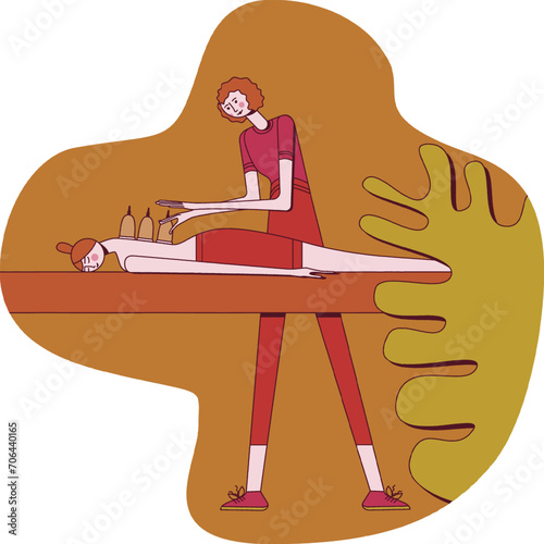 Wellness cupping vacuum back massage with professional massage therapist. SPA design concept. Isolated flat vector illustration.