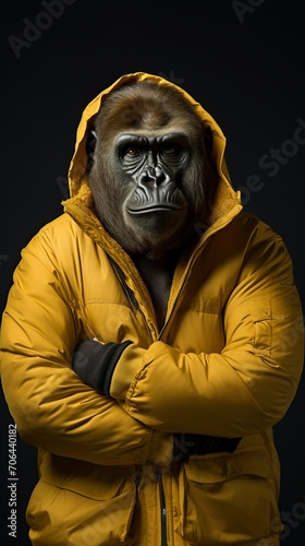 Portrait of a gorilla in a yellow jacket against a dark background. Generative AI
