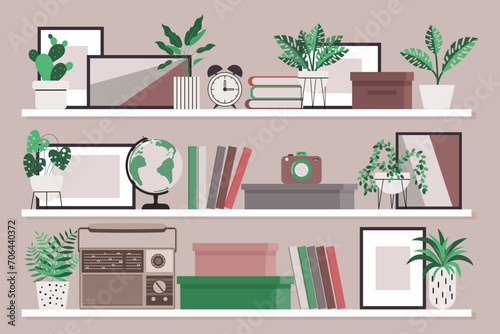 Interior Design. Shelves with books, radio, alarm clock, paintings and potted plants. The concept of home comfort. Illustration, vector	