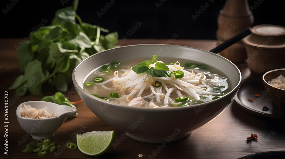 side view of Traditional Vietnamese beef soup pho fill in the bowl garnish with onion and green leaves and red chilli topping in white bowl with aesthetic background