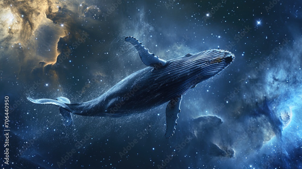 Humpback whale swimming in the middle of a galaxy. Can be used for astronomy or marine life-related projects