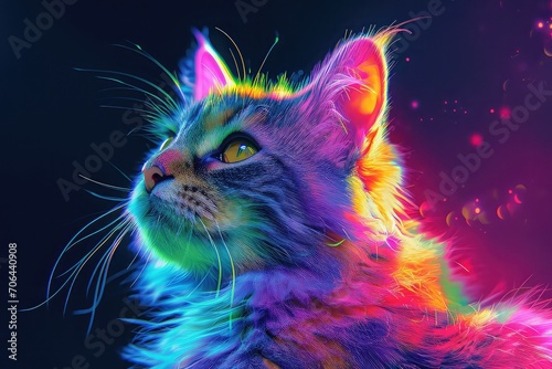 cat with high realistic furry, neon colorful cat