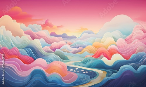 A colorful cloud with wavy lines on it  in the style of surreal 3d landscapes  textural explorations. Generative Ai