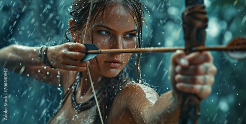 Action shot of a beautiful female fantasy archer shooting an arrow. rain and wet hair photo