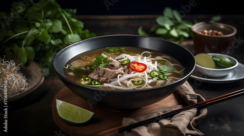 side view of Traditional Vietnamese beef soup pho fill in the bowl garnish with onion and green leaves and red chilli topping in white bowl with aesthetic background