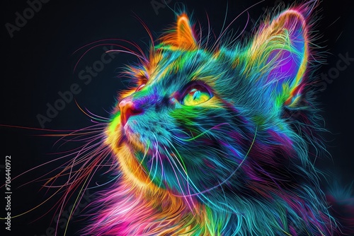 cat with high realistic furry, neon colorful cat generative AI