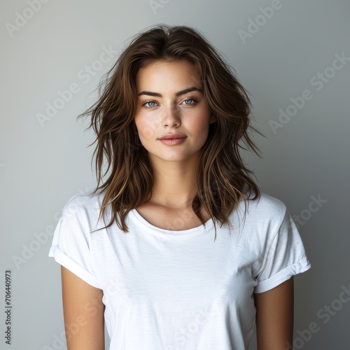 Beautiful woman with white t-shirt on plain background. Generative AI.