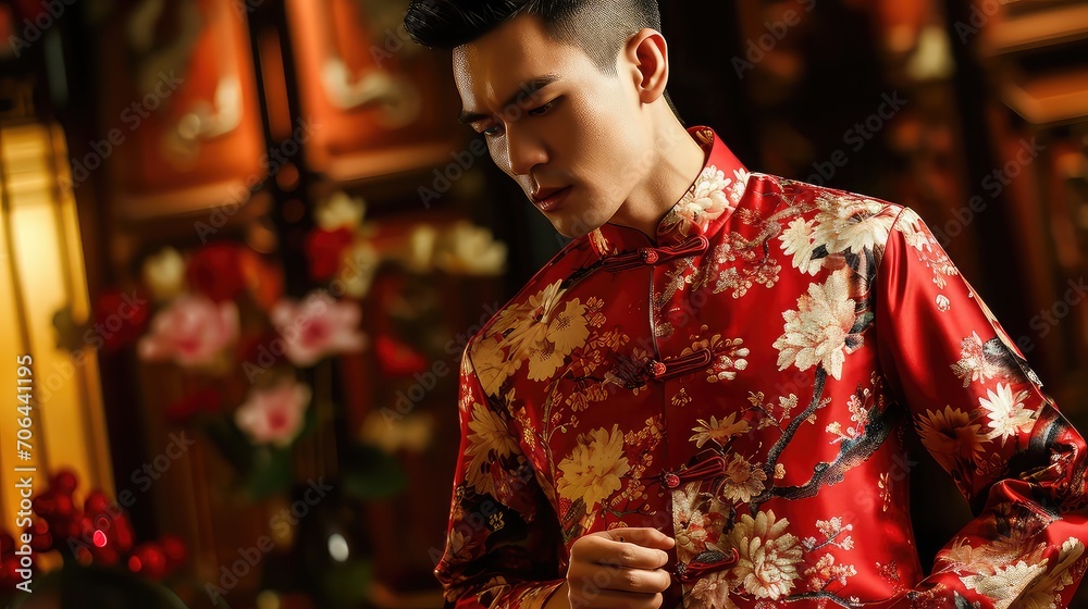 Portrait of a smart Chinese man dressed in a traditional outfit to celebrate the Chinese New Year