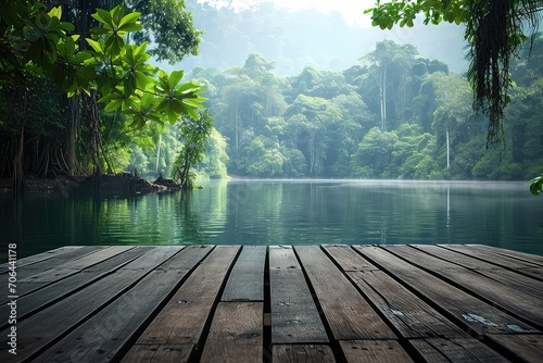 empty wooden jetty at idyllic rainforest lake with product presentation space  beauty in nature concept with product display for travel  vacation  spa and environment