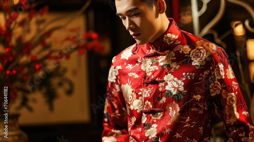 Portrait of a smart Chinese man dressed in a traditional outfit to celebrate the Chinese New Year