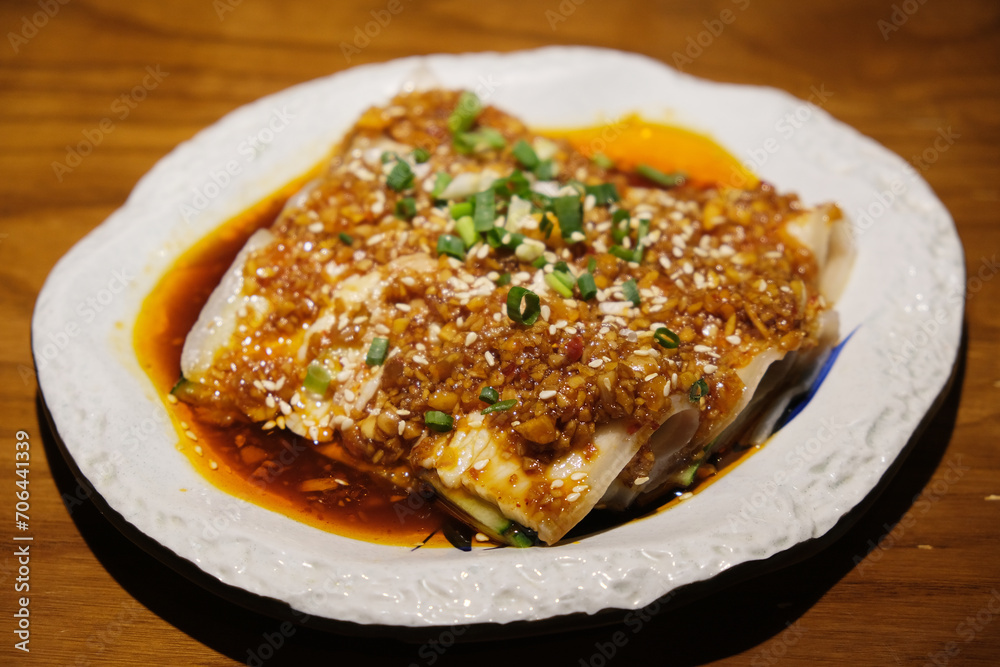 Sliced Pork with Garlic Sauce. Close up Chinese Sichuan cuisine Sliced Pork with Garlic Sauce. Close up Chinese Sichuan cuisine