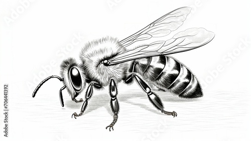 Detailed Vector Engraving Illustration of a Honey Bee on White Background - Perfect for Nature and Wildlife Concepts, Insect Pollination, and Vintage Design. © Spear