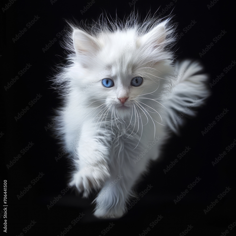 White kitten running at camera