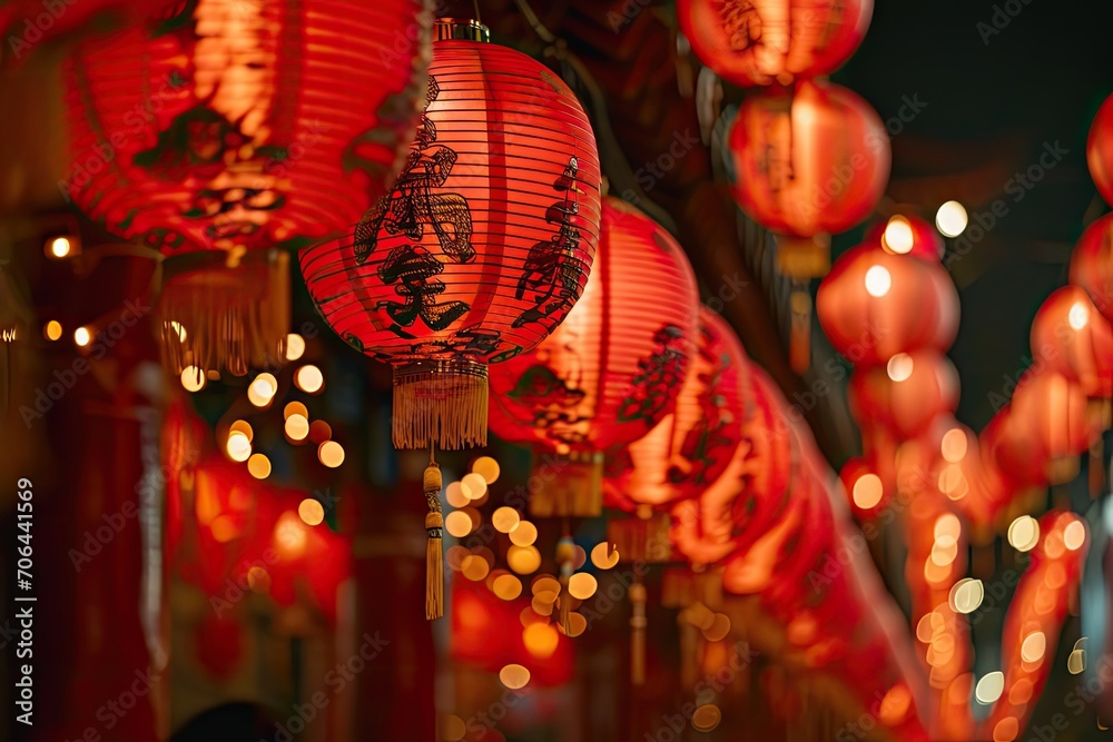 Chinese new year lanterns. Traditional street decorated for CNY,  lunar new year background..