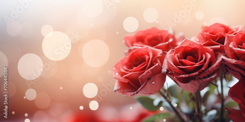 Beautiful red roses on a golden bokeh background.Holiday card  background for birthday  wedding  Valentine s day  Mother s day. Banner. Copy space for text