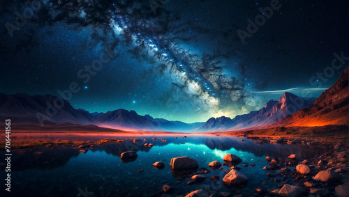 Night starry sky on the shore of a mountain lake #706441563