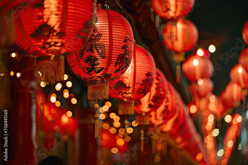 Chinese new year lanterns. Traditional street decorated for CNY   lunar new year background..
