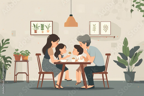 Affectionate little girl hugging and kissing her grandparents while mother and father sitting and looking at them while having family lunch in the dining room