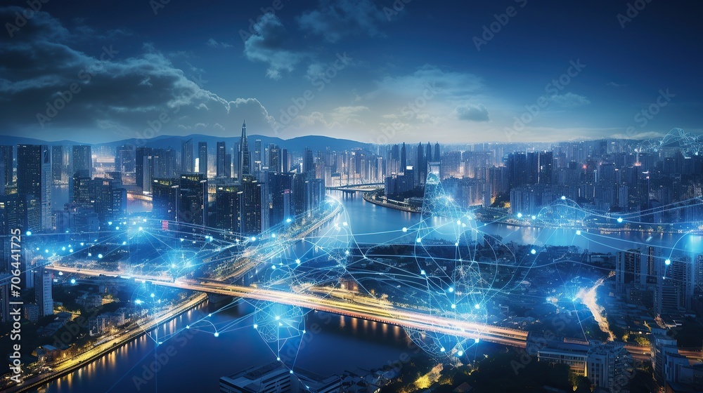 Smart city and intelligent communication network, night city, wireless connection technology concept, future technology concept