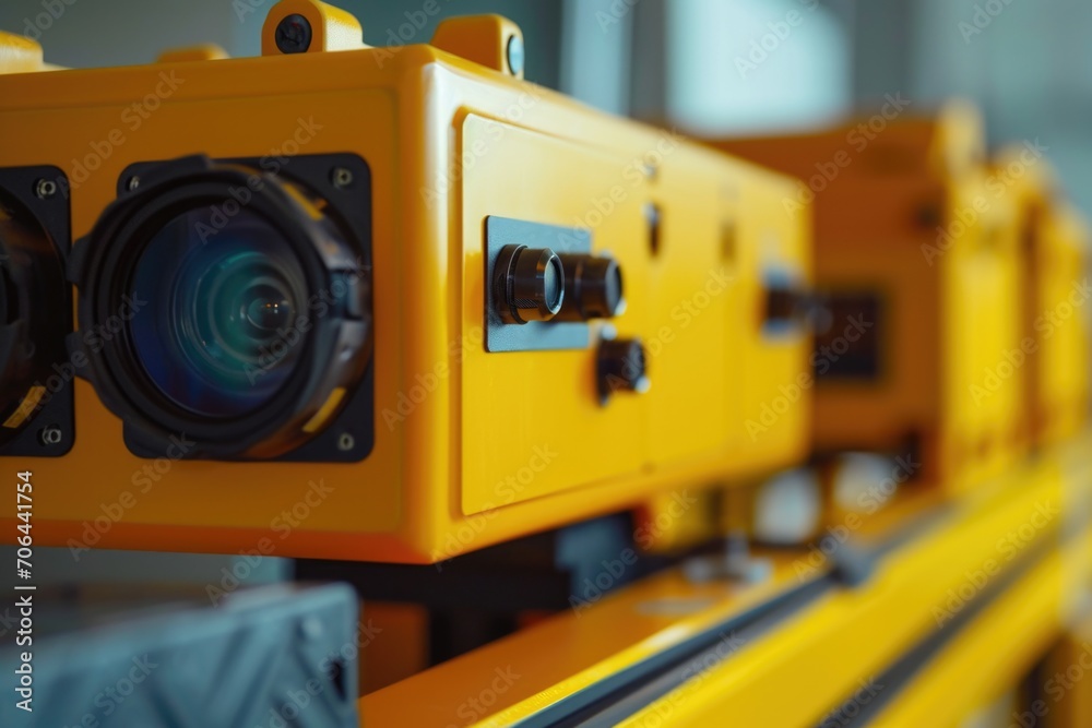 Fototapeta premium Close up of a camera on a conveyor belt. Perfect for technology and manufacturing concepts