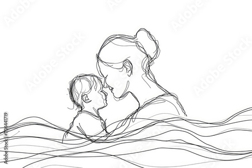 Happy mom with her female child in continuous line art drawing style. Minimalist black linear sketch photo