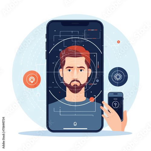 Facial recognition smart phone concept. Man character