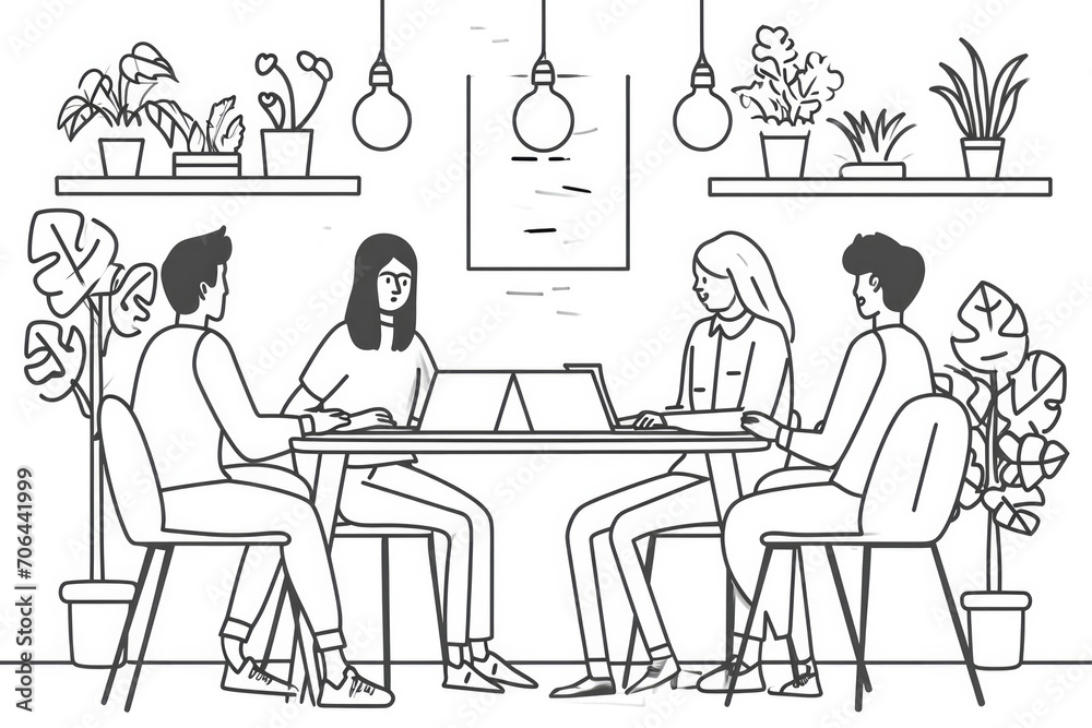 Group of people discussing work at office. Line drawing