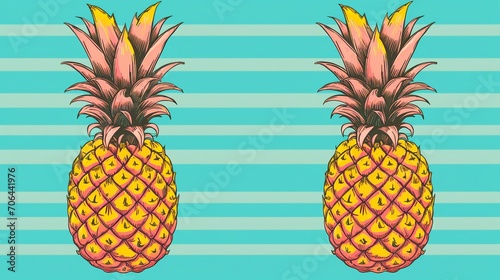 Hand-Drawn Tropical Pineapple Illustration with Vibrant Colors on Striped Background – Fresh and Juicy Exotic Fruit Art for Kitchen Decor and Culinary Designs