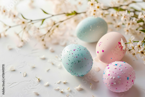 Easter eggs in pastel colors on a light background.
