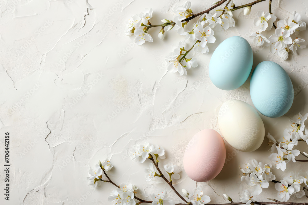 Easter eggs in pastel colors on a light background.