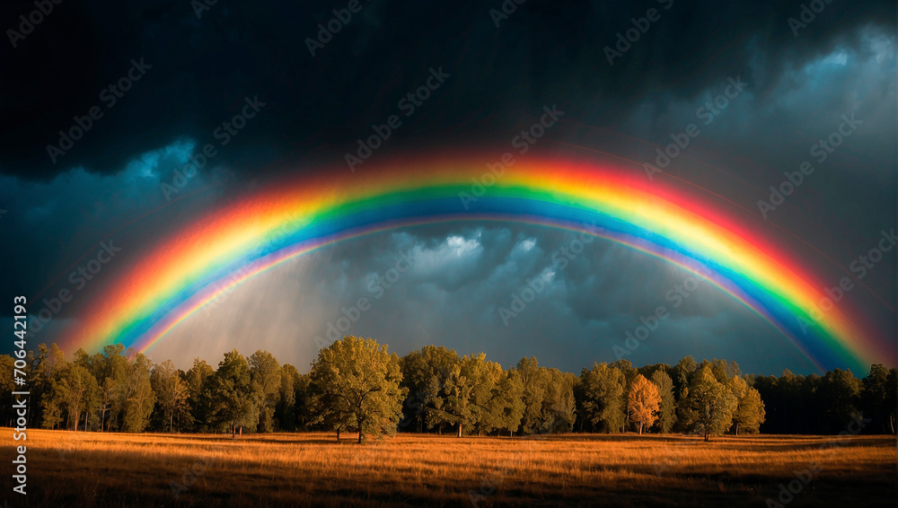 Obraz premium Rainbow over a field and forest after a thunderstorm