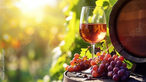 Glass Of Wine With Grapes And Barrel On A Sunny Background 